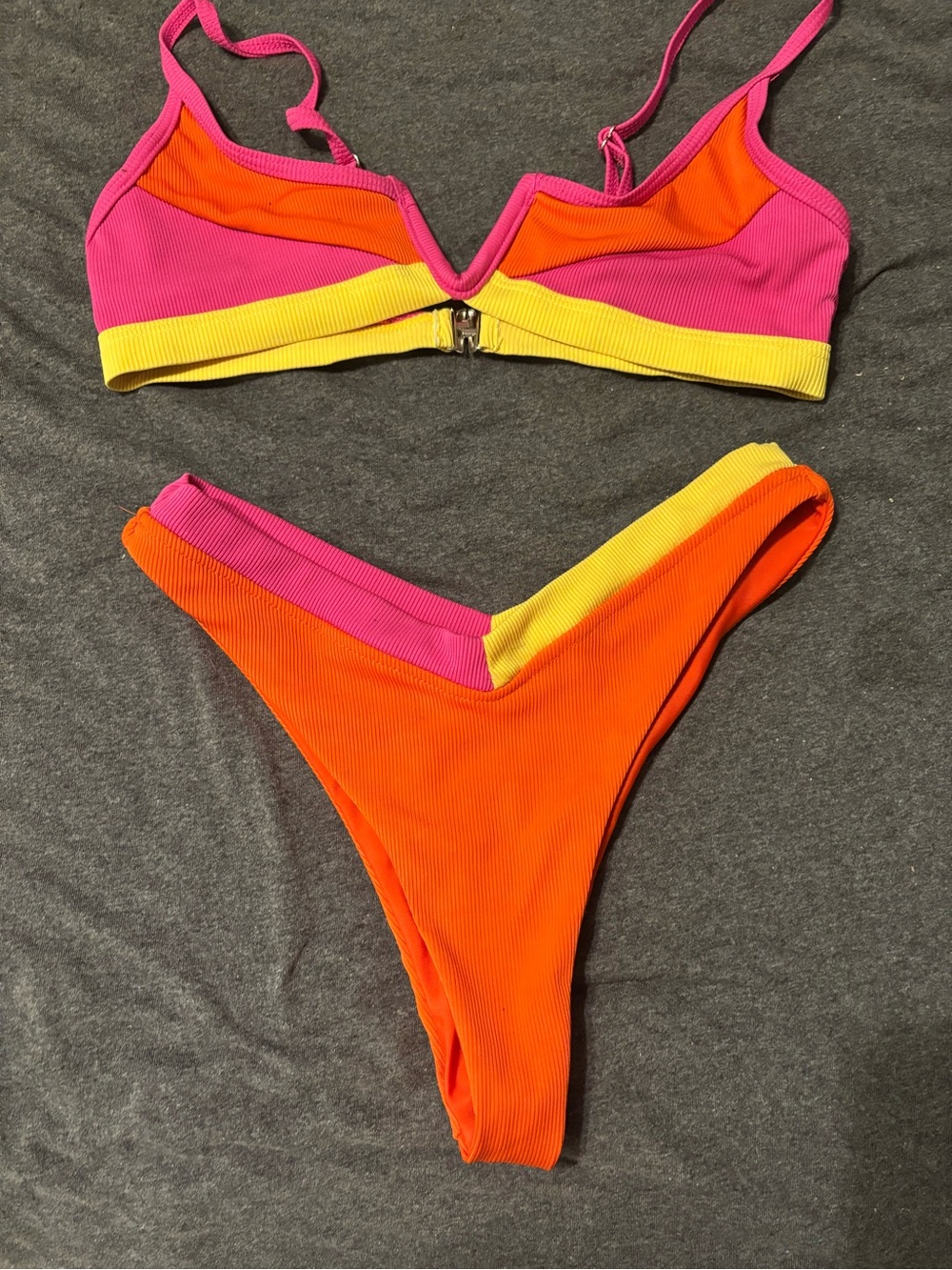 SHEIN Neon Pink Orange Yellow Ribbed Bikini Top